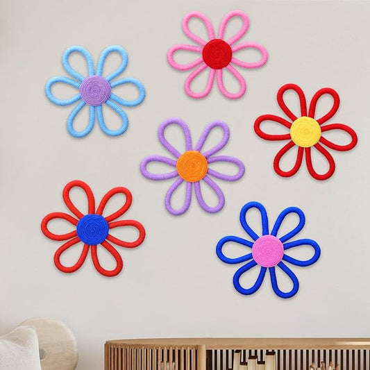 Ripeng 6 Pcs Boho Nursery Decor Flower Daisy Wall Art 6 Inch Woven Macrame Wall Hanging Bohemian Flower Decor Daisy Nursery for Baby Girls Kids Home Bedroom (Vibrant Color)