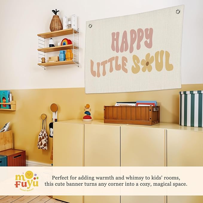 Girls Nursery Decor,Baby Girl Wall Decor,Happy Little Soul Linen Canvas Banner – Boho Inspirational Wall Hanging for Kids Room, Nursery and Playroom – 30x20 Inch