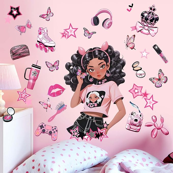 Bedroom Wall Stickers for Black Girls: Peel and Stick Fashion African American Butterfly Wall Decals - Wall Art Decor Kids Supplies Ages 1 2 3 4 5 6 7 8 9 10 11 12 Year