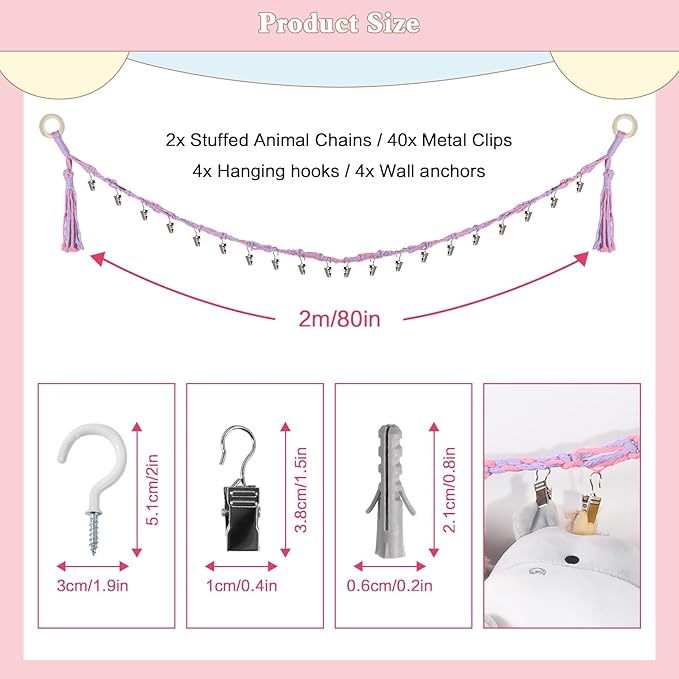 80" Cotton Hanging Storage Chain for Stuffed Animals Storage with 40 Metal Clips, Stuffed Animal Organizer Chain for Wall Corner Nursery Play Room, Rainbow