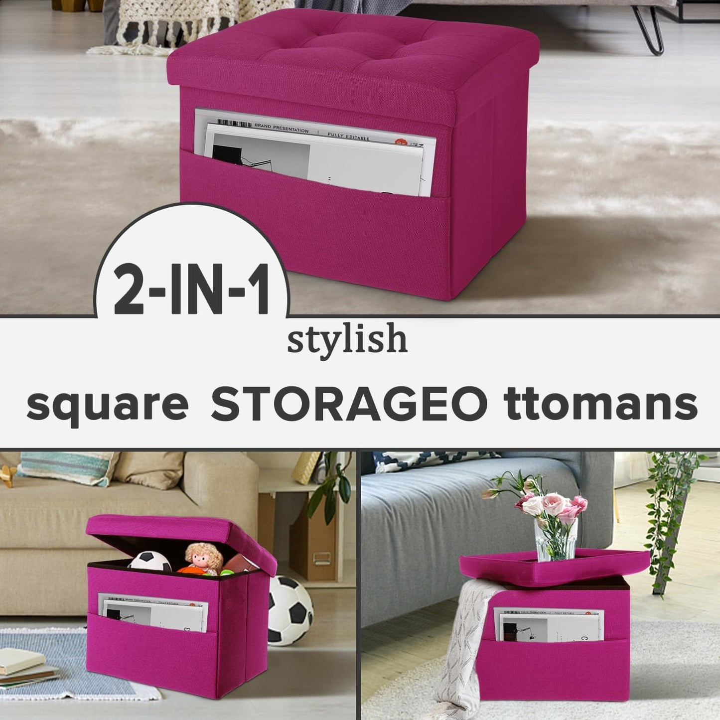 LINMAGCO Storage Ottoman Folding Foot Stool Foot Rest with Side Pocket Modern Ottoman with Storage Short Sofa Stool Linen Cloth 17x13x13(ROSEO)