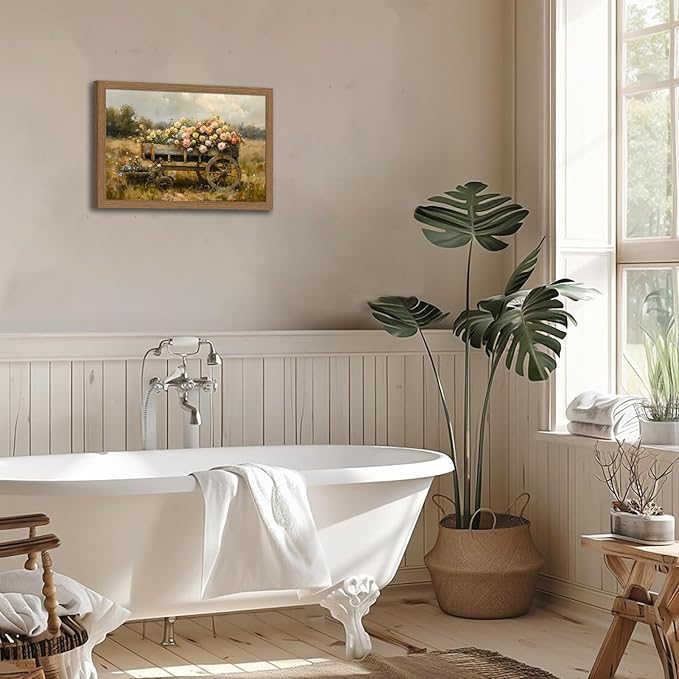 Framed Rustic Floral Wagon Canvas Wall Art Vintage Farm Cart Flower Painting Country Landscape Picture Print for Living Room Bedroom Farmhouse Decor 16x24in