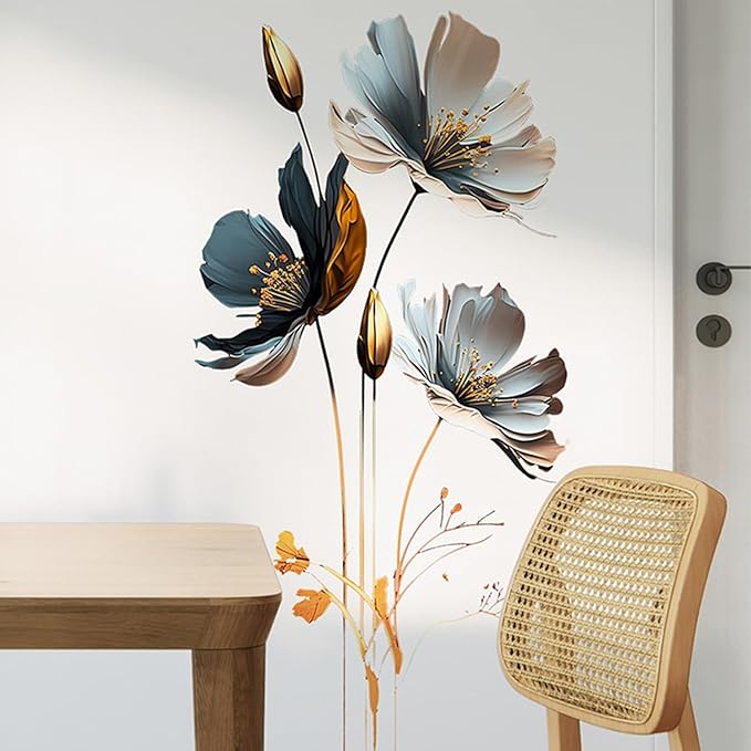 Gold Wall Decals 3D Flower Wall Sticker, Classical Plum Blossom Flower Decals Peel and Stick 3D Wall Art Murals for Girls Bedroom Nursery Living Room TV Home Decor