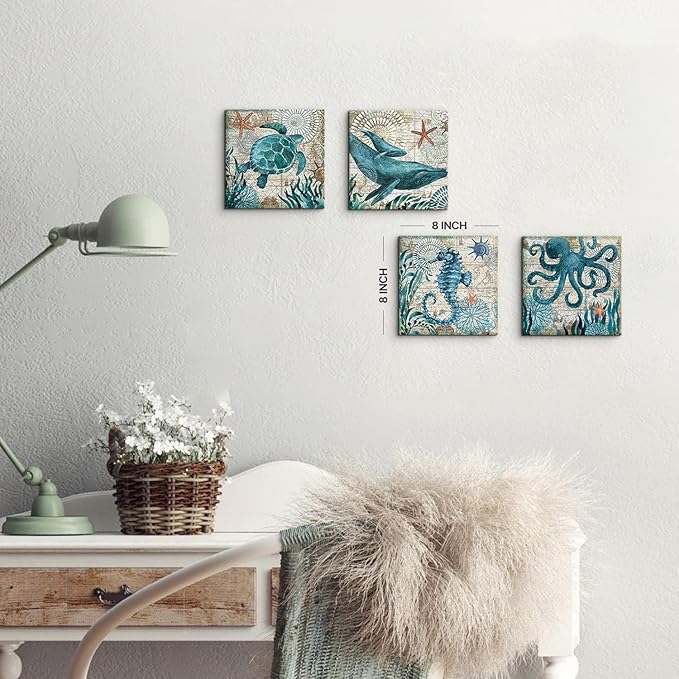 Coastal Beach Wall Art for Living Room Sea Turtle Pictures Bathroom Wall Decor Teal Blue Nautical Themed Seahorse Canvas Painting Ocean Animal Whale Posters Bedroom Kitche Home Decoration 8x8" 4