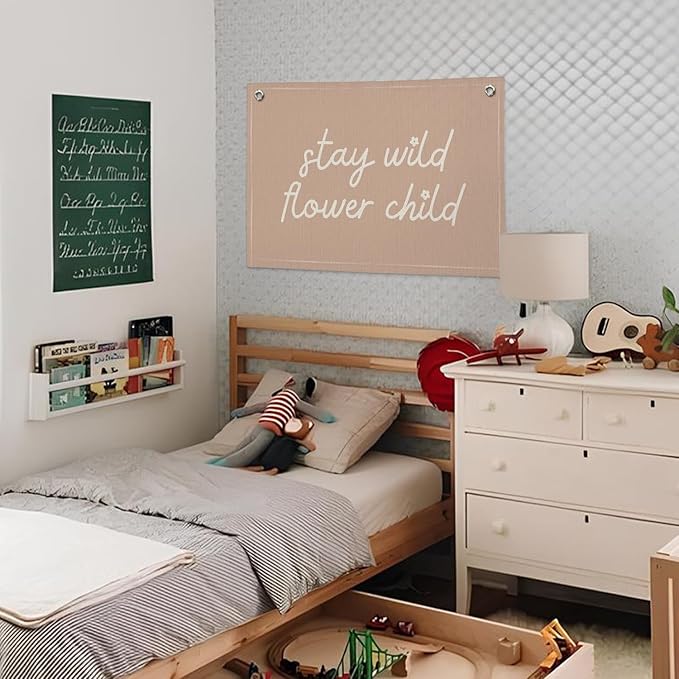 Pink Girls Room Nursery Decor, Stay Wild Flower Child Linen Canvas Banner Wall Hanging Flag Decor for Little Toddler Baby Girls Room Playroom, Baby Shower Girl Decorations