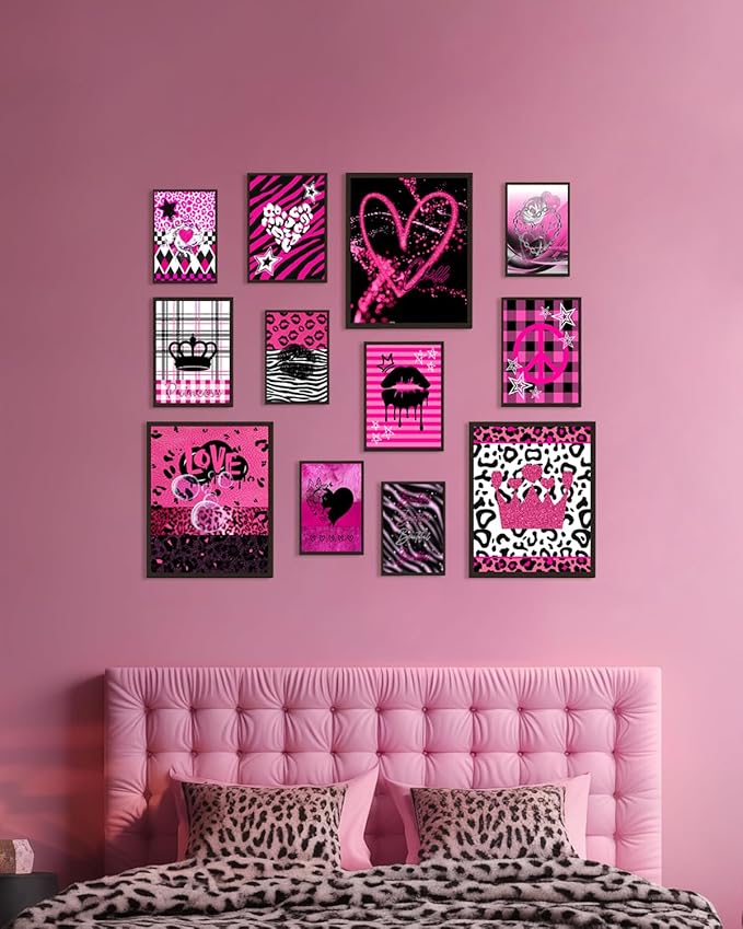 KBKBART Mcbling Y2k Room Decor Aesthetic, 12 Pcs Trashy Y2k Posters and 50 Pcs Y2k Sticker for Teen Girl's Bedroom, Early 2000s Room Decor, Hot Pink Wall Art Aesthetic Pictures, Emo Baddie Prints Wall Collage for Dorm Bedroom Apartment Decor (UNFRAMED)