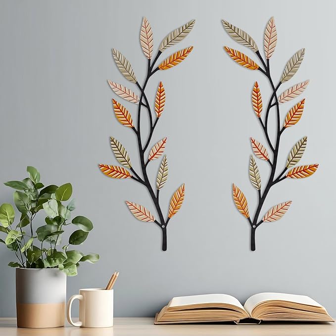 Metal Tree Leaf Wall Decor 2 PCS Rustic Vine Branch Leaf Wall Art for Living Room Bedroom Bathroom Decorations - Sunlit Wheat