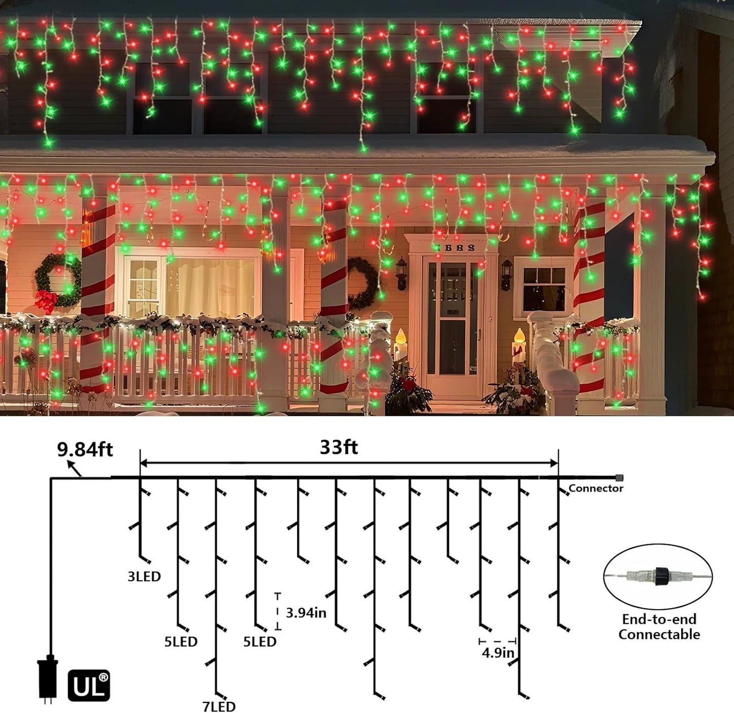 QITONG 400 LED Icicle Lights Red and Green