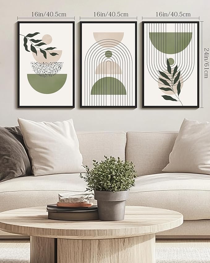 Drsoum Green Botanical Boho Wall Art Framed Modern Sage Bohemian Plant Wall Decor Abstract Geometry Lines Prints Ready to Hang 16x24in Black Framed