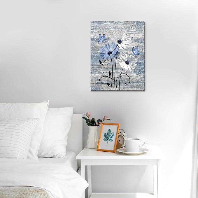 MYUSRE Blue and White Flower Wall Art for Bathroom, Farmhouse Daisy with Butterfly on Retro Wooden Canvas Wall Art Country Wildflower Pictures for Bedroom Home Wall Decor, 20L X 16W inches