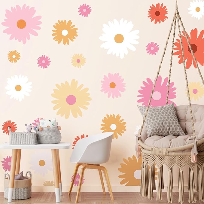 TaoBary 12 Sheet Daisy Wall Sticker Decal Removable Cute Daisy Bedroom Room Decor Flower Wall Sticker Pink White Flower Decal Wallpaper Peel and Stick for Nursery Home(Bright Color,Artsy Style)