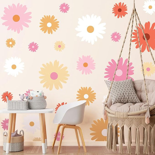 TaoBary 12 Sheet Daisy Wall Sticker Decal Removable Cute Daisy Bedroom Room Decor Flower Wall Sticker Pink White Flower Decal Wallpaper Peel and Stick for Nursery Home(Bright Color,Artsy Style)