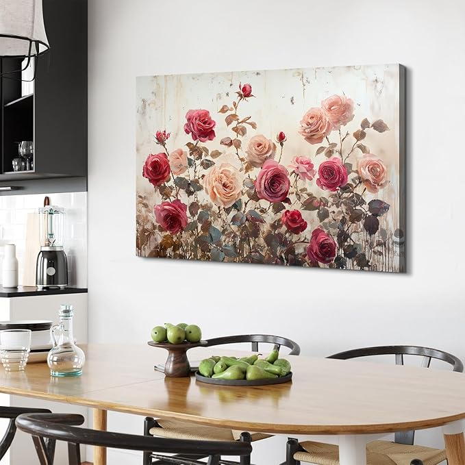 Pink Rose Wall Art for Living Room Decor Vintage Roses Flowers Wall Decor Retro Floral Canvas Prints Pictures Rustic Farmhouse Flower Paintings Artwork for Bedroom Bathroom Home Decorations 32x48"