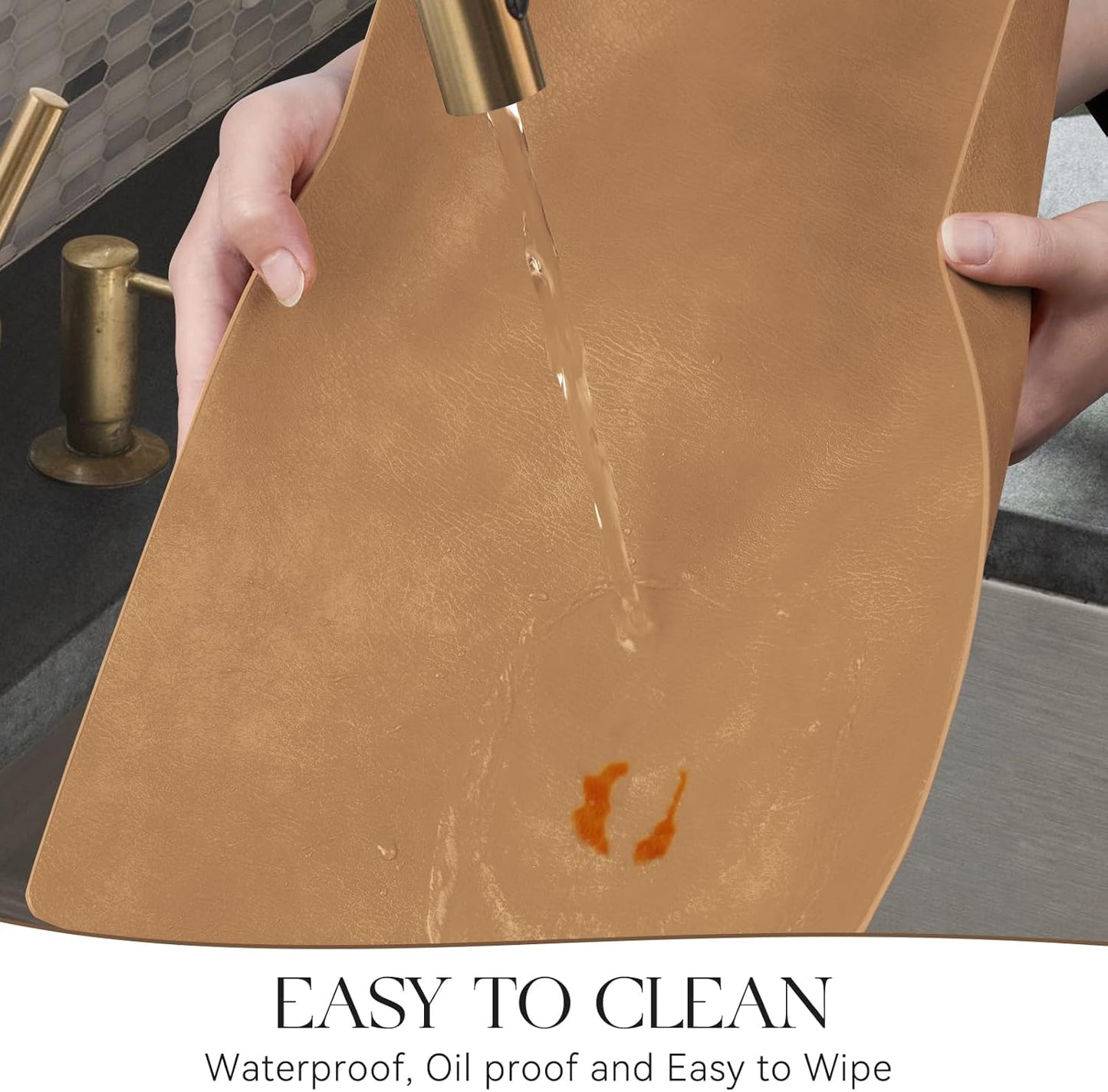 MOSAYT Vinyl Placemats Set of 12-12 X 17 Inch - Faux Leather 100% Waterproof Oil-Proof Wipeable PU Place Mats, Heat Resistant Reversible Table Mats for Kitchen, Dining, Outdoor (Camel)