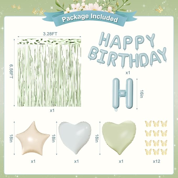 Blue and Green Birthday Decorations, Dusty blue Sage green Light Green Blue Sand White Gold Foil Confetti Balloons Happy birthday Banner Gold Butterfly Fringe Curtains for Birthday Party Decorations