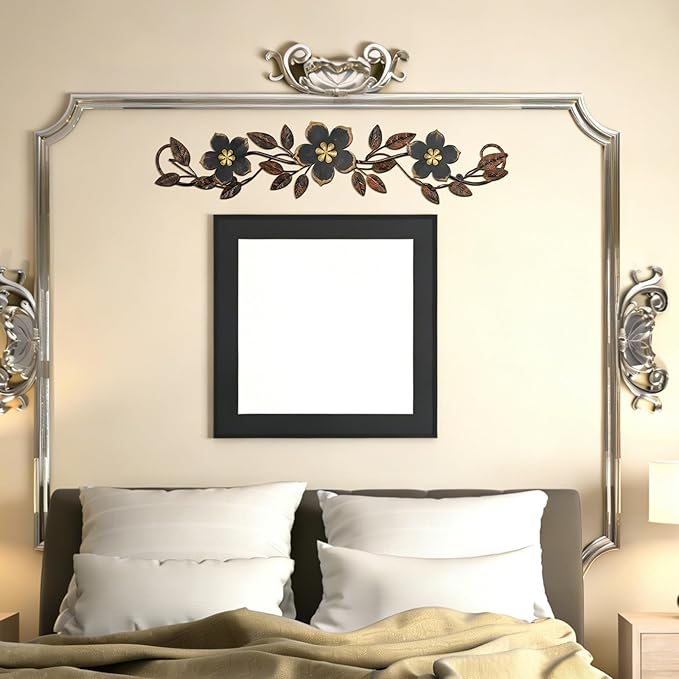 Wesiti Metal Flower Wall Decor Vintage Spring Metal Flower Wrought Iron Scroll Sculpture 15.7''x3.7'' Farmhouse Leaf Wall Decor with Nails for Spring Living Room Bedroom Indoor Outdoor (Black)