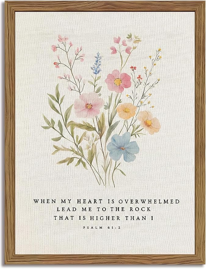 Christian Scripture Canvas Wall Art 12x16 Inch Psalm 61:2 Bible Verse Wall Decor, Boho Floral Religious Artwork for Prayer Room, Church, Office, Home, Wood Framed