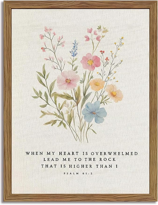 Christian Scripture Canvas Wall Art 8x10 Inch Psalm 61:2 Bible Verse Wall Decor, Boho Floral Religious Artwork for Prayer Room, Church, Office, Home, Wood Framed