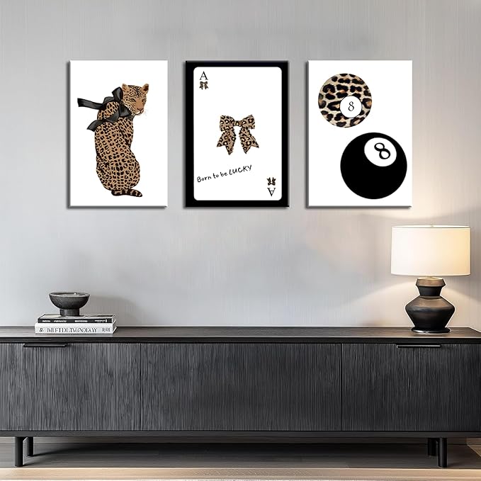 Set of 3 Trendy 8 Ball Leopard Canvas Wall Art Ace Card Bow Wall Decor Pictures Funky Born To Be Lucky Posters Prints Preppy Aesthetic Cheetah Room Decor for Girls Bedroom Apartment Dorm 16x24in
