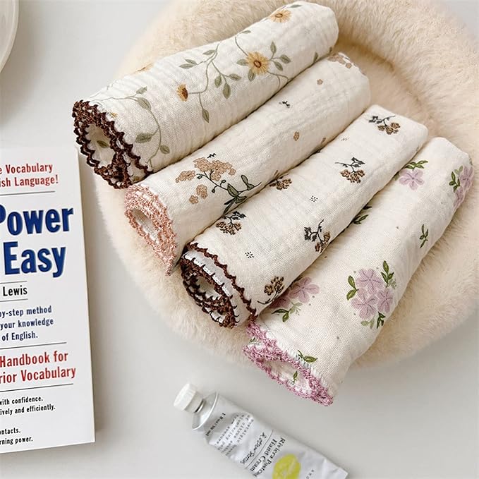 BuLuTu 4 Pack Cotton Muslin Cleaning Towels Shabby Chic Floral Washcloths for Home Kitchen, 11x11 Inches, Super Absorbent Multi-Purpose Cleaning Rags Durable Dish Rags