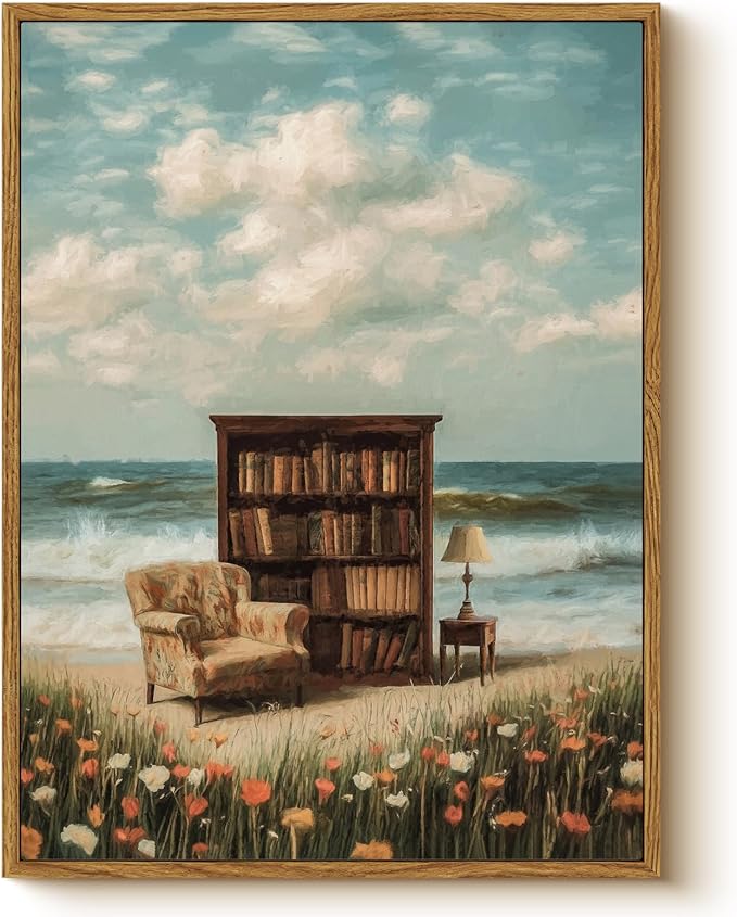 Vintage Framed Coastal Wall Art 12x16 Bookshelf Armchair Ocean View Canvas Print, Library by the Sea Dreamy Reading Nook Wildflower Artwork, Back to School Study Classroom Office Den Decor