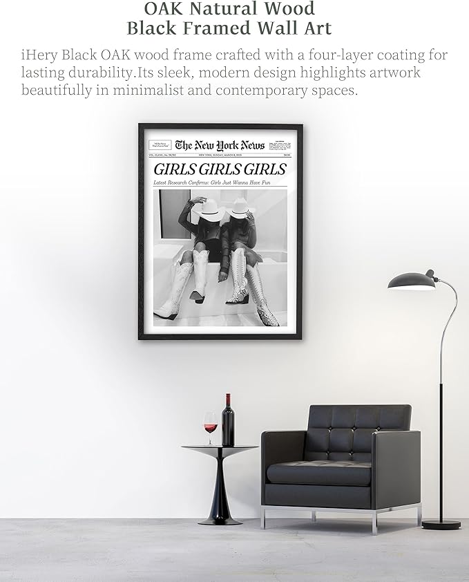 iHery Premium Natural Black OAK Wood 12x16in Girls Just Wanna Have Fun Trendy Framed Wall Art, Black and White Vintage Bar Car Canvas Wall Decor For Dorm Bedroom Living Room 1Pack