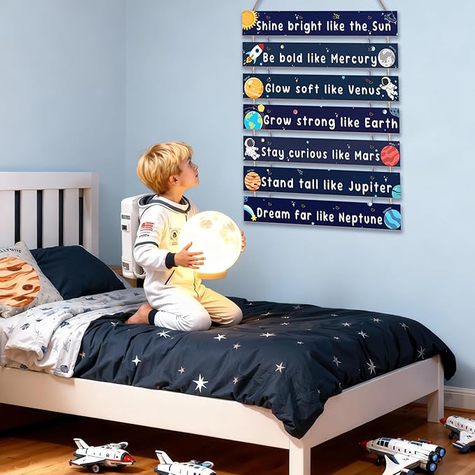 FIOBEE Girls Room Décor for Teen Girls Boys with LED Light Wall Decor for Bedroom Motivational Inspirational Wall Art Girl Room Decoration for Kids Studyroom, 8 Kinds of Lights, Navy Space