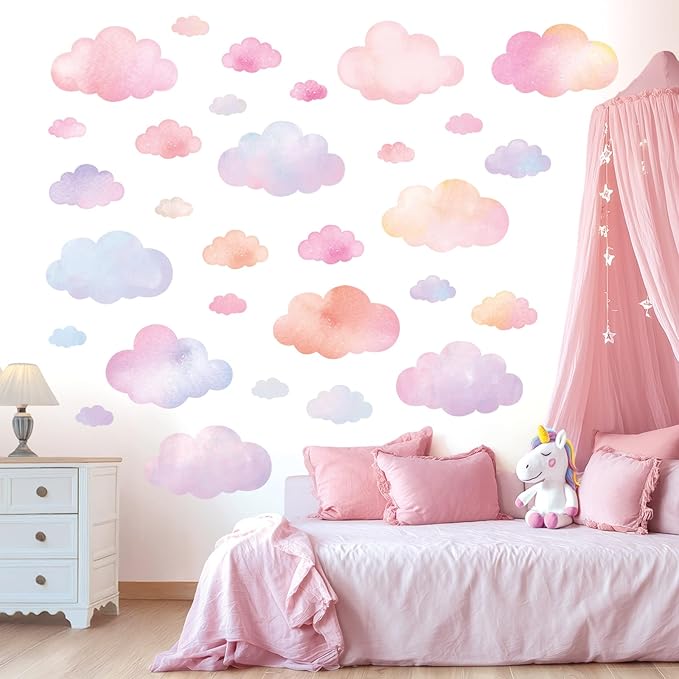 DECOWALL DS4-8094 Pastel Cloud Wall Stickers – Watercolor Sky Decals for Kids’ Room, Nursery & Playroom – Removable & Repositionable Wall Art – 64.8 × 55.7 cm / 25.5 × 21.9 in