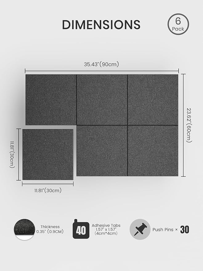 Bumusty Large Cork Board 36" x 24" Alternative - 6 Pack Felt Wall Tiles with 40 Safe Removable Adhesive Tabs, 30 Pushpins, Cork Boards for Walls Pin Board Bulletin Board Office Decor (Charcoal Gray)