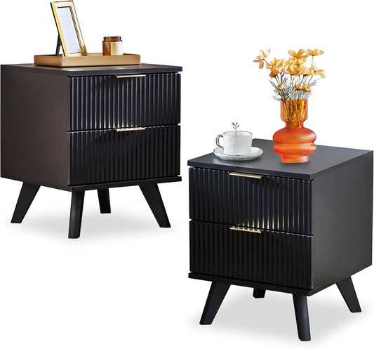 Fluted Nightstand Set of 2, Mid Century Modern 2 Drawer Dresser for Bedroom, Small Dresser Night Stand Side Table End Table with Wood Fluted Drawer Storage for Bedroom Closet(Black)