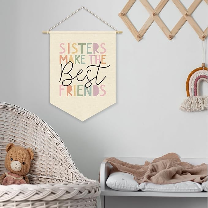 Girls Room Wall Art Decor,Toddler Girl Room Cute Pink Nursery Bedroom Playroom Canvas Banner Decorations,Sisters Make The Best Friends Wall Hanging Pennant Flag Banner