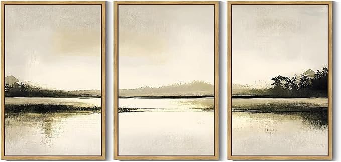 Drsoum Vintage Black Gray Abstract Laker Landscape Wall Art Framed Brown Tan Neutral Prints Minimalist Modern Rustic Artwork Bedroom Living Room Ready to Hang 24x36in Natural Framed