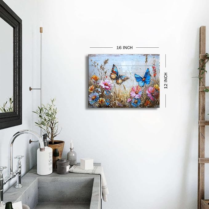 Butterfly Wall Art for Bathroom Abstract Flower Pictures Wall Decor Colorful Wildflower Canvas Prints Farmhouse Butterfly Botanical Art Wall Paintings for Bedroom Living Room Home Decoration 12x16"