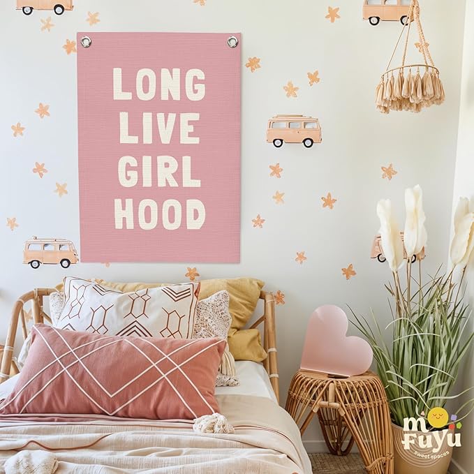Toddler Girl Room decor,Long Live Girlhood Pink Linen Banner, Nursery Playroom Wall Hanging Flag Banner for Kids Bedroom Toddler Decorations Trendy Room Decor 18x25 Inch