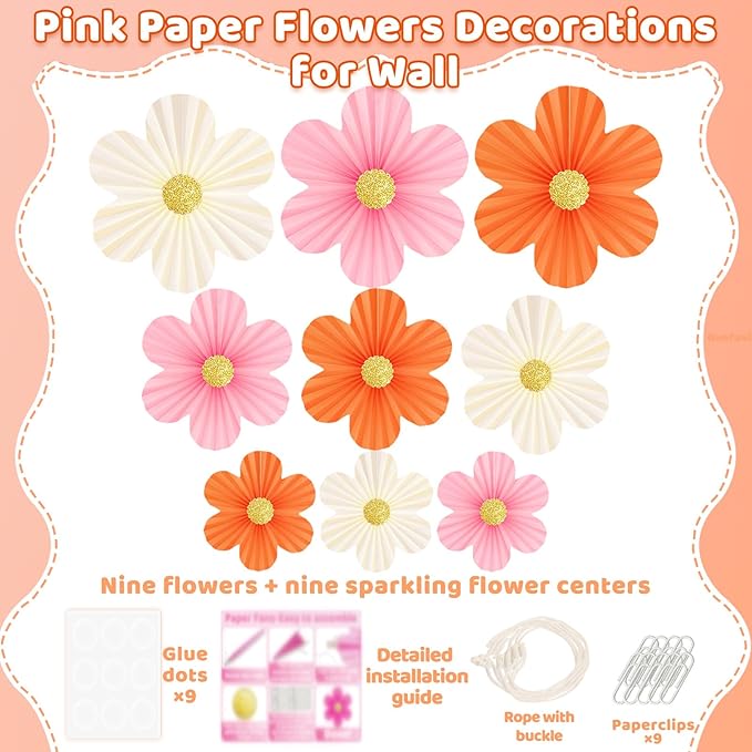 Pink and Orange Party Decorations Pink Paper Flowers Decorations for Wall 9pcs with 9 Gold Glitter Floral Centers Paper Fans Floral Backdrop Flower Wall Decor for Birthday Classroom Baby Shower, Guide