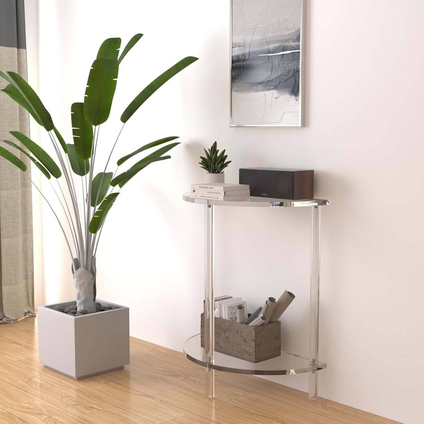 Acrylic Console Table 11.8" D x 23.6" W x 31.2" H, Half Round Console Table for Entryway, Sofa, Foyer, Hallway, Living Room, Modern, 2-Tier, Clear (Half-Moon Style