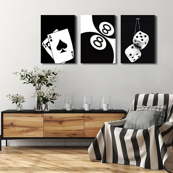 BOKPEN 3Pcs Black and White Poker Dice Canvas Wall Art Lucky You Poster Prints Trendy Funky Preppy Y2K 8 Ball Pictures Artwork Aesthetic Painting for Game Room Apartment Dorm Decor 12x16in canvas