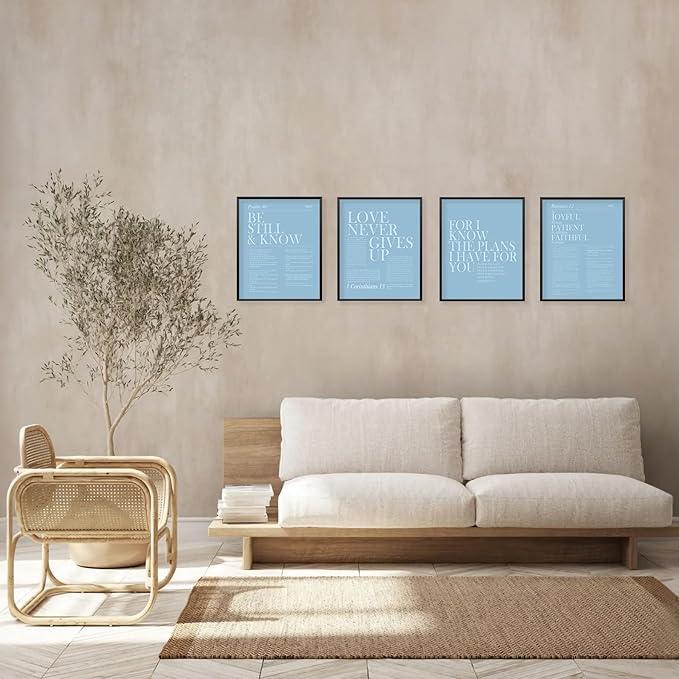 Locomiss Light Blue Christian Wall Art Decor, Modern Bible Verse Prints, Minimalist Jesus Scripture Wall Decor, Inspirational Bible Posters for Bedroom Office Living Room, Set of 4 (8x10 Unframed)