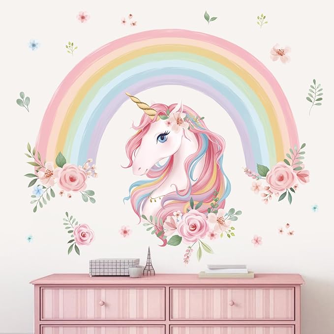 wondever Large Rainbow Wall Decals Unicorn Flower Peel and Stick Wall Art Stickers for Girls Bedroom Kids Room Baby Nursery