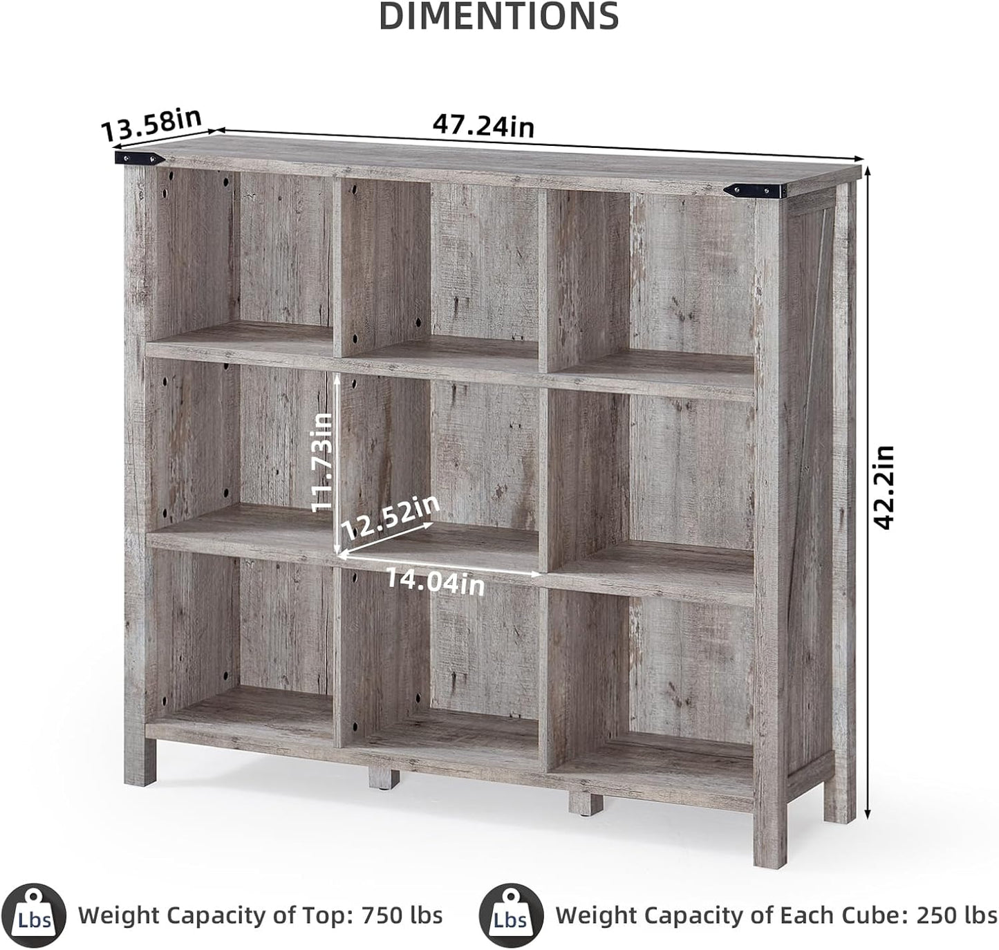 9 Cube Bookcase, Farmhouse 47 Inch Wide Grey Oak Bookshelf, Wooden 3 Tier Display Large Open Book Shelf, Vintage Horizontal Book Case for Home Office, Cubby Storage Cabinet for Living Room