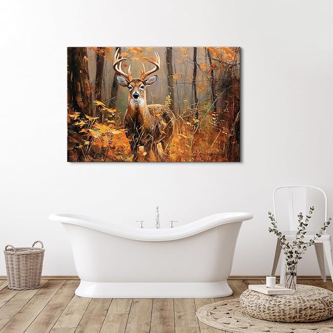 Fall Forest Wall Art Deer Wall Decor Rustic Wildlife Animal Painting Nature Autumn Landscape Canvas Prints Maple Leaves Picture Farmhouse Elk Artwork for Kitchen Living Room Home Decoration 32x48"