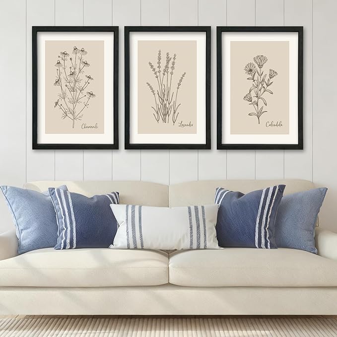 YWJKWLGS Framed Vintage Botanical Wall Art Set of 3, Black Wood Frame Wildflower Prints, Minimalist Rustic Farmhouse Decor, 16x24 inch Art for Living Room Bedroom Office