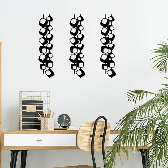 ruelen Mid Century Abstract Metal Wall Art Sculpture - Textured Geometric Decor, Set of 2, 2D Black Vertical and Elegant Design for Living Room, Bedroom, Office, Home (15.7x3.9in)
