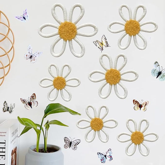 KUNHEHO Boho Wall Decor Set of 6 Daisy Flower with 12pcs Butterflies Wall Decors Nursery Wall Decor Bohemian Macrame Wall Hanging Decor for Nursery Home Bedroom (White)