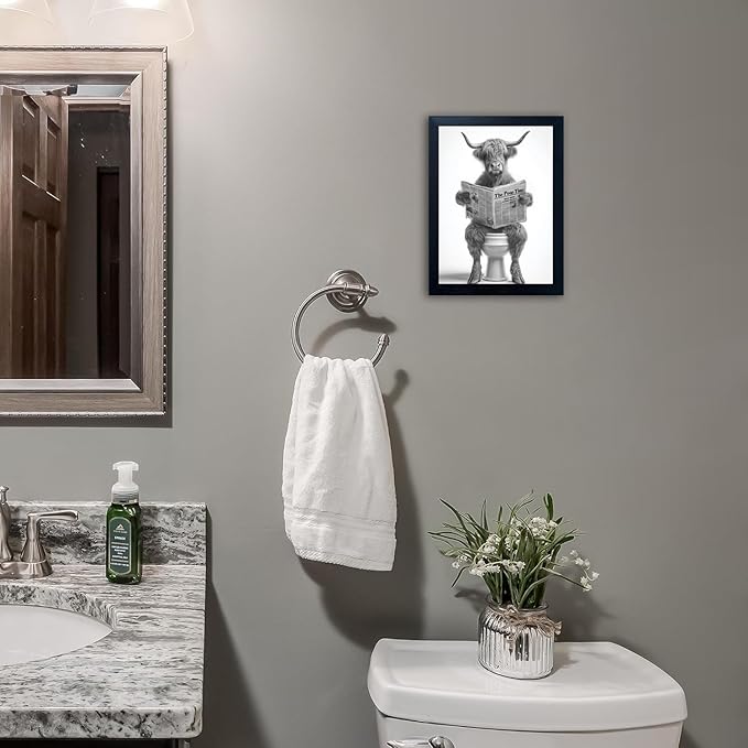 Funny Highland Cow Bathroom Wall Art - Framed Black and White Bathroom Wall Decor, Humorous Cow Picture Wall Decor with Cute Animal Canvas, Modern Farmhouse Style Restroom Sign Art for Toilet & Washroom 11"x14"