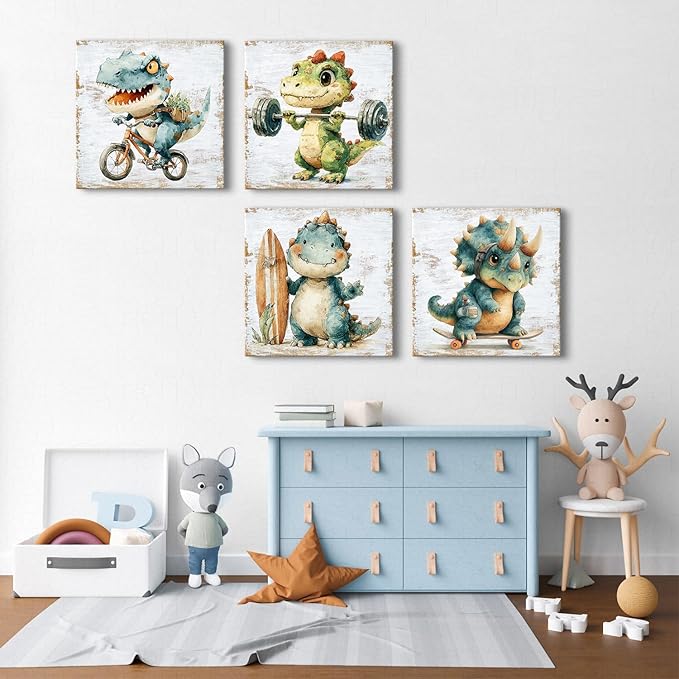 Dinosaur Wall Art Kids Room Wall Decor Cute Cartoon Dino Theme Pictures for Baby Boys Bedroom Nursery Playroom Decorations Watercolor T-Rex Sports Paintings Poster Artwork Home Decor 20x20” 4 Piece
