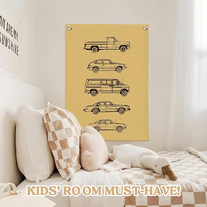 Boy Room Decor,Cars Room Decor for Boys Linen Canvas Banner,Toddler Wall Hanging Pennant Flag for Boys Kids Bedroom Dorm Nursery 18x25 Inch
