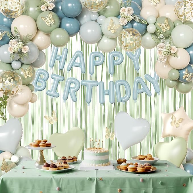 Blue and Green Birthday Decorations, Dusty blue Sage green Light Green Blue Sand White Gold Foil Confetti Balloons Happy birthday Banner Gold Butterfly Fringe Curtains for Birthday Party Decorations