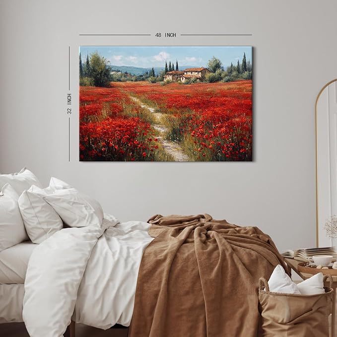 Farmhouse Flower Landscape Wall Art Red Poppy Flower Pictures for Bathroom Decor Vintage Floral Field Paintings Country Scenery Canvas Prints Artwork for Living Room Bedroom Home Decoration 32x48"