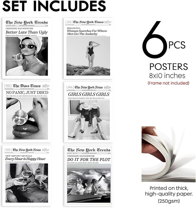 TWNSLLA Trendy Newspaper Wall Art Woman Searches For Where Men Get The Audacity Posters Prints,New York Times Wall Art Canvas,Vintage Bart Cart Decor Retro Girl Dorm Room Decor Aesthetic,8x10inchx6pcs,Unframed